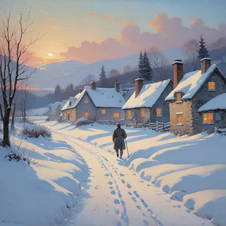 masterpiece, best quality, <lora:add-detail-xl:1>, ArsMJStyle, impressionism, A snow-covered village at dusk, with warm light spilling from cottage windows onto the blue-shadowed snow. Smoke rises from chimneys, blending with the darkening sky. A lone figure hurries along a path, leaving a trail of footprints in the fresh snow, capturing a moment of solitary peace.