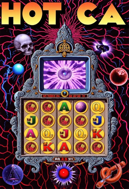 Slot machine graphics from front view . Disturbing scenes of addiction, people injecting drugs heroin, white powder, drinking alcohol smoking cigarettes. very strange surrealist style with holographic vortex featuring swirls of holotropic colour and glowing eyes wet distorted factory shot. On the television sets are glowing hands, with electricity coming off the finger tips. swirling around her head are holograms of glyphs chaos magick symbols. the room has thick electricity cables and smoke is coming off them. large wet glistening slices of wet soggy ham and hot dogs are floating in the air, dripping gooey sauce combining mustard and blood, there are multiple wet hotdogs floating. on the wall in the background are photos of nuclear explosions