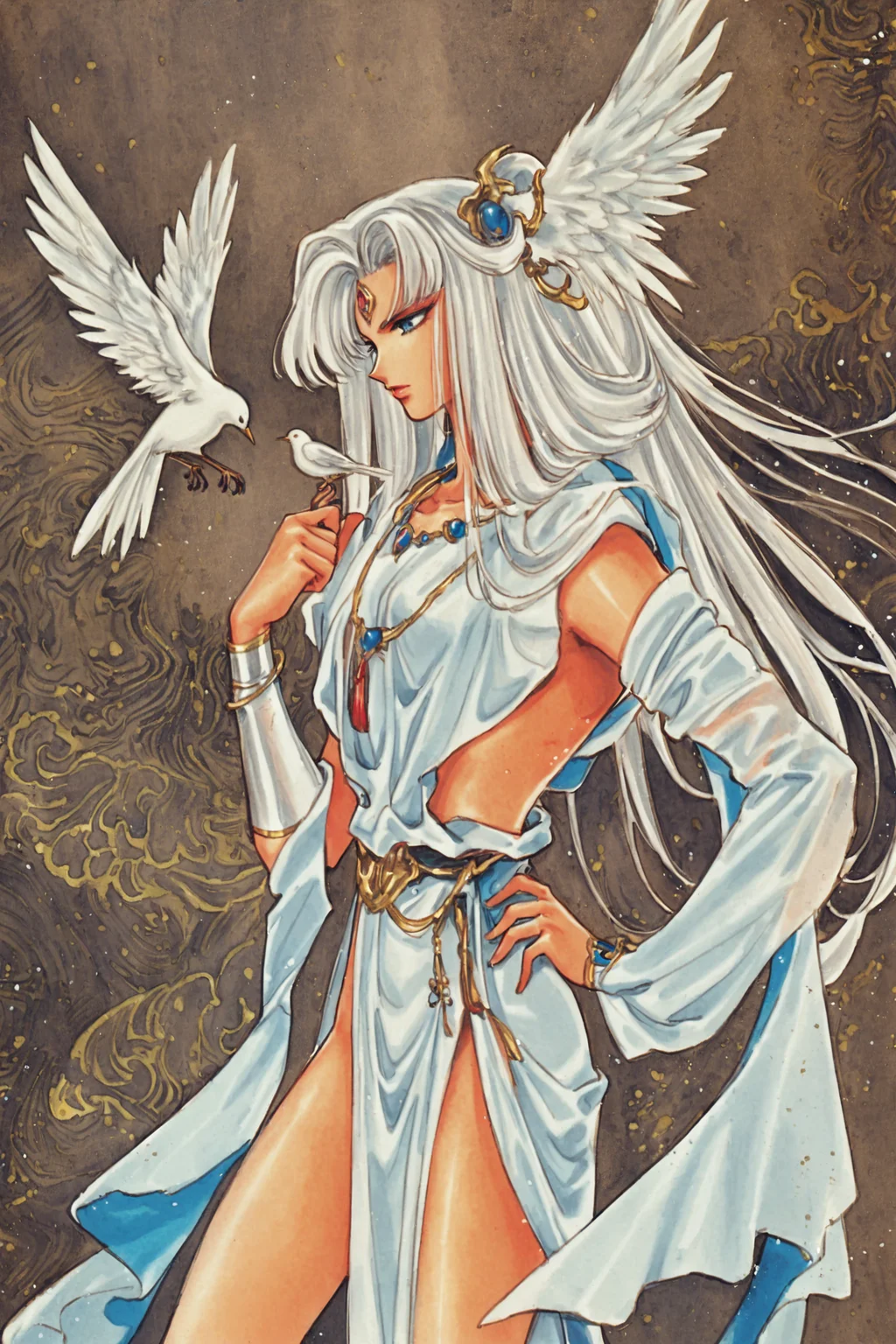 Garuda,white bird,white hair,hand on hip,jewelry,long hair,necklace,1girl,solo,white dress,bird on hand,hand on own hip,traditional media,<lora:RG Veda_XL:0.8>,