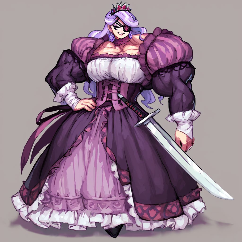 Light purple hair, eyepatch, purple eyes, long straight hair, spiky tiara diadem, queen, evil smile, hand on hip, wielding a sword, Victorian Dress, muscular female, score_9, score_8, score_7
