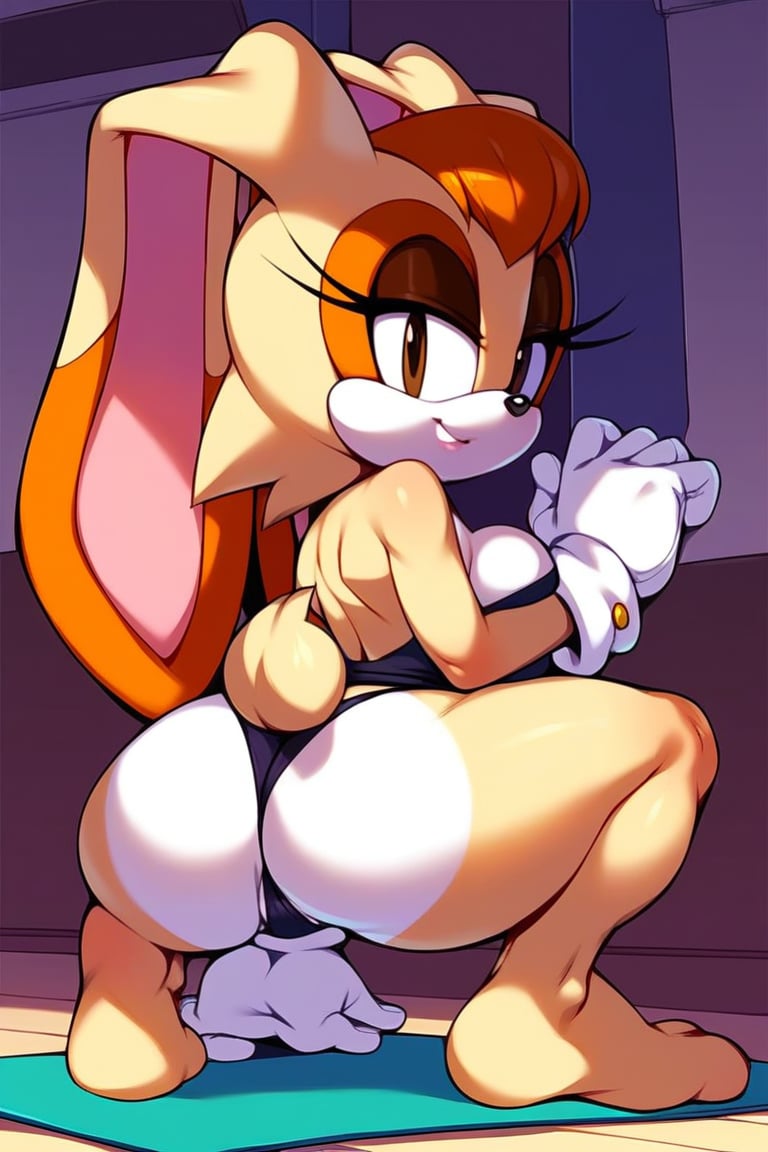 Vanilla the rabbit, (Source sonic), rabbit girl, furry female, rabbit ears, gloves, white gloves, 1girl, breasts, full body, yoga exercises, white fur, rabbit ears, animal nose, brown eyes, animal ears, orange hair, milf, butt, squat, panty, from behind, solo, personification, brown hair, brown eyes, smile, cleavage, colored skin, looking at viewer, long hair, indoors, large breasts, eyeshadow, makeup, eyelashes, brown hair detailed fur score_9, score_8_up, score_7_up, next to the road