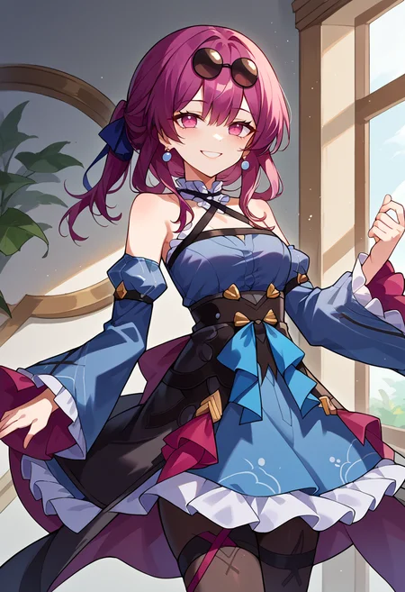 score_9, score_7_up, source_anime, solo, come hither, smile, cowboy shot, BREAK <lora:sphsrKafkaXLPony:1> kafkerdef, earrings, eyewear on head, sunglasses,, hair ribbon, frilled choker, criss-cross halter, sleeveless dress, high-waist skirt, backless dress, blue dress, waist blue bow, detached sleeves, frilled sleeves, wide sleeves, blue sleeves, black pantyhose, patterned legwear, pinstripe pantyhose, mary janes, layered dress,
