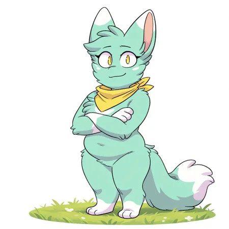 Mimi(Fel), Solo, 1girl, anthro, female furry, cat, catgirl, green and white fur, fluffy fur, fluffy tail, yellow eyes, yellow bandana, slightly chubby, shortstack, full body, looking at viewer, soft smile, arms crossed, standing, grass field setting,