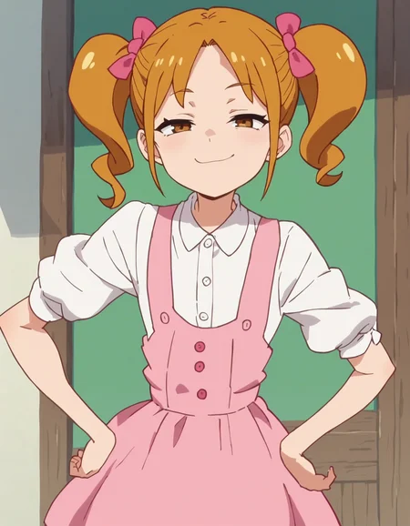 score_9, score_8_up, score_7_up, anime screencap,1girl, solo, twintails, pink dress,white shirt, brown hair, brown eyes, bow,smug,looking at viewer,center parted bangs <lora:IchijoRanko:1>