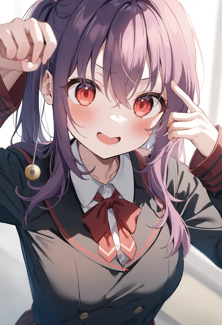 1girl,sincos, ningen mame, toosaka asagi,solo,medium breasts,school uniform,
hypnosis, mind control,looking at viewer, hand up, coin on string, <lora:hypnosis_XL_v1:0.7>
upper body, purple hair, red eyes,fingersmile, cityspace, open mouth, multi-tied hair,
best quality, very aesthetic, absurdres