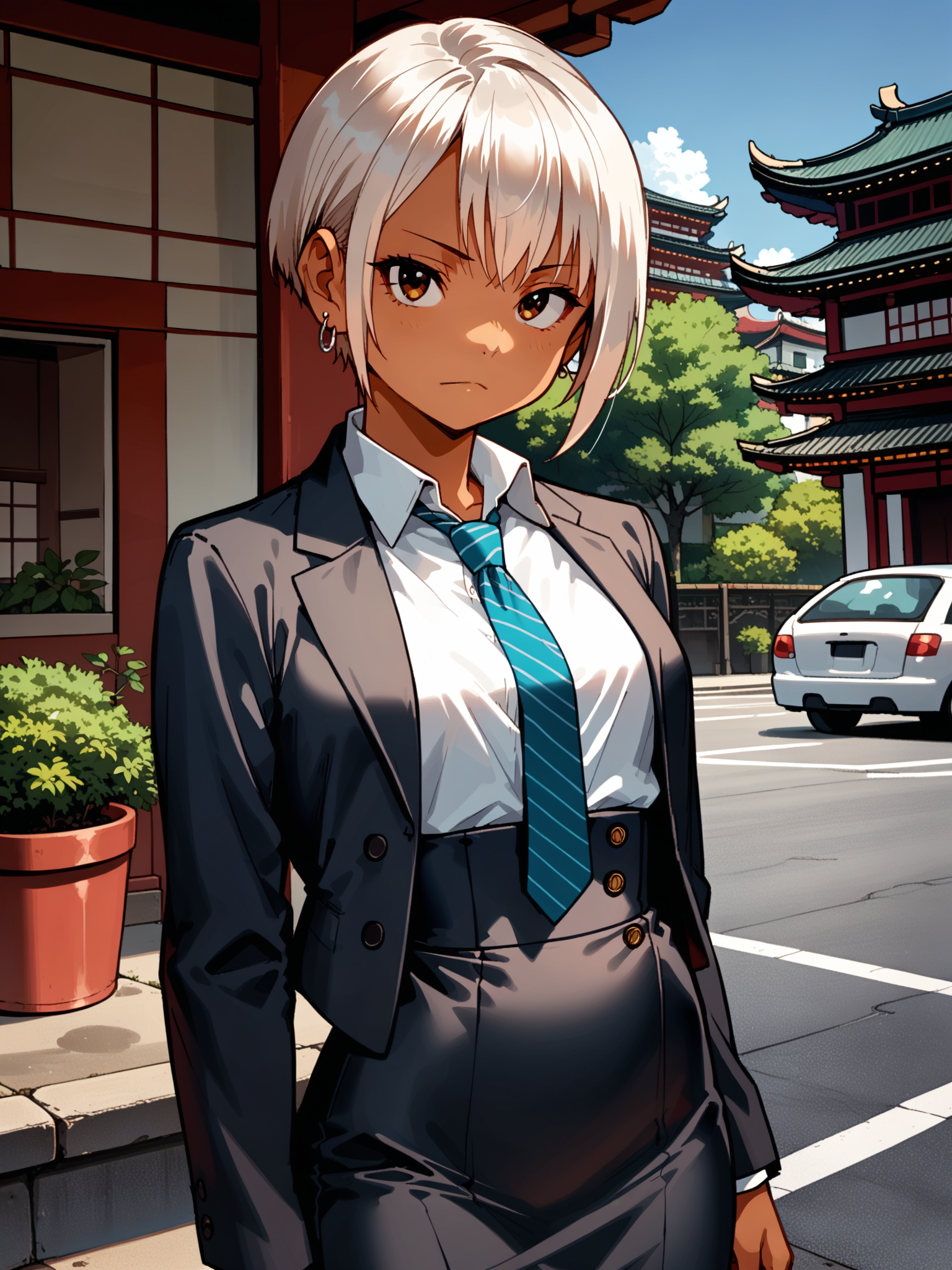 (cowboy shot, solo focus:1.1) <lora:happy_tentacle-cherry_asuka-v0.1-000030:1>, ht_cherry_asuka, earrings, tan, brown eyes, (petite:1.2), <lora:Shed_The_Skin's StS_age_slider_v1_initial_release:-1.3> ( (frills :1.1) :1.1) ( , , ( aroused :1.2) , , (looking at viewer:0.6) :1) , outdoors, vegetation, (overgrown :1.1), , (day :0.6), , (:0.5), , (east asian architecture :0.9), (formal, suit:1.2), collared shirt, high-waist skirt, jacket, necktie, pencil skirt, shirt, ( :0.8) score_9, score_8_up, score_7_up, score_6_up, score_5_up, score_4_up, ( [(realistic, photorealistic:1.3):(realistic:1.2):16] [(3d:1.2)::14] :1) <lora:LUUNA's Lunas-NijiJourney-SDXL-B2:0.35>, nijijourney <lora:prgfrg23's Counterfeit-V3.0 Style SDXL_LoRA_Pony Diffusion V6 XL:0.5> <lora:mfcg's mfcgXL:0.12> <lora:reweik's gyokai(himehajime)_PonyXL_style_v01:0.14>