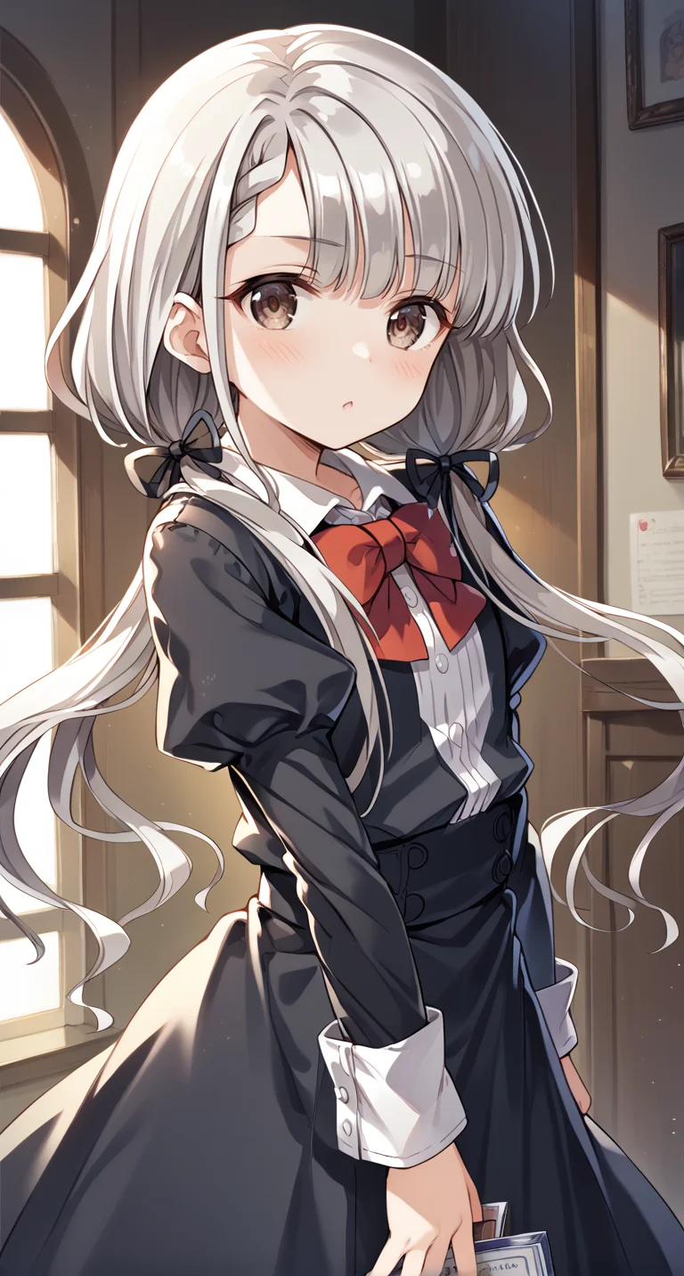 score_9,score_8_up,score_7_up,
official art,official style,game cg,megami magazine,
uncensored,
1girl,
hskwng school,hisakawa nagi,
asymmetrical bangs,bow,bowtie,braid,braided bangs,grey hair,hair ribbon,
juliet sleeves,long hair,long sleeves,puffy sleeves,red bow,red bowtie,ribbon,
twintails,black ribbon,blush,brown eyes,collared shirt,
dress shirt,low twintails,shirt,skirt,white shirt,
black jacket,black skirt,black dress,
dress,
eyebrows visible through hair,
standing,
<lora:idolmaster_hisakawa_nagi_pony_v1:1>,