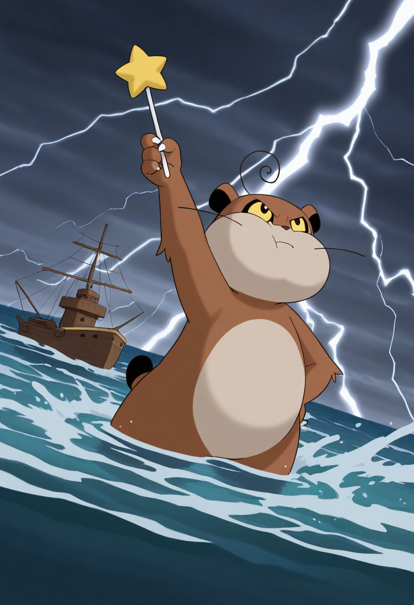 1other, animal focus, standing, partially submerged, ocean, horizon, ship, full body, serious, looking up, closed mouth, dutch angle, cowboy shot, holding wand, storm, lightning, arm up,
BREAK
xiaozhuxiong, creature, brown body, tan belly, black ears, black feet, short tail, black-tipped tail, puffy cheeks, yellow eyes, claws, whiskers, ahoge, anime screenshot, plump,
BREAK
best quality, masterpiece, very aesthetic, absurdres, highest detailed, very awa,  <lora:Xiaozhuxiong_from_The_Legend_Of_Nezha_v1.5:1>