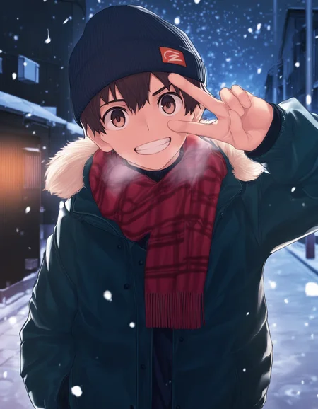 masterpiece, best quality, nayoshi-style, film grain, outdoors, winter, night, street, wooden buildings, snowing, 1boy, solo, brown hair, brown eyes, jacket, scarf, beanie, grin, v over eye, head tilt <lora:nayoshi-naixl_vpred-v5Nf-ShoAI:1>