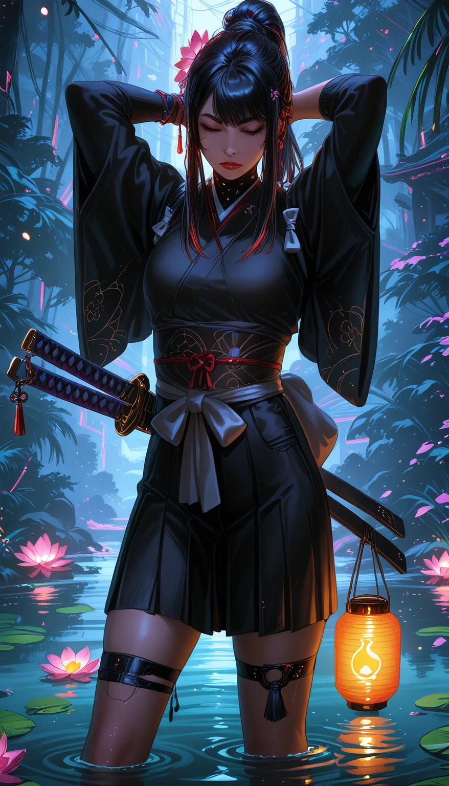 masterpiece, Shinkaistyle, STYLE_PONYXL_guweiz_ownwaifu,
pinkretroanime, retro art,
Cyberpunk Style, cyberpunk, science fiction, hi tech, future tech, neon, (Cybernetics:1.25), (Neon Cityscape:1.4), (lineless:1.5), smooth edges, (lighten the face:1.5), tall body, slender body, fit body, long legs, This image depicts a tranquil scene featuring an animated female character standing in a shallow body of water filled with lotus flowers. The character is dressed in traditional Japanese attire, consisting of a black kimono with white trim, a light brown obi sash draped over her shoulder, and a dark blue headpiece adorned with what appears to be a small animal motif. She holds a lantern in one hand, casting a warm glow on the water's surface. Her other hand rests gently on her hip. The character has long dark hair that cascades down her back, and she is looking upwards and slightly to her right with a calm and contemplative expression on her face. The background is lush with tropical vegetation, including banana plants and palm trees, contributing to the serene ambiance of the scene. The water reflects the character's form and the surrounding greenery. The overall atmosphere of the image is one of peace and contemplation, with a hint of mystique due to the glowing lantern and the magical realism of the lotus flowers., 1girl, solo, long hair, breasts, bangs, skirt, simple background, black hair, hair ornament, thighhighs, long sleeves, white background, bow, ribbon, hair between eyes, jewelry, medium breasts, closed mouth, standing, closed eyes, weapon, flower, short sleeves, pantyhose, sidelocks, pleated skirt, outdoors, japanese clothes, day, sword, hair flower, dark skin, wide sleeves, black skirt, kimono, water, mole, apron, black dress, arms up, bracelet, dark-skinned female, tree, lips, sash, makeup, thigh strap, night, feet out of frame, glowing, leaf, obi, katana, white bow, plant, wristband, sheath, hakama, nature, arms behind head, mole under mouth, hakama skirt, white ribbon, facing viewer, pink flower, wading, eyeshadow, forest, reflection, sheathed, lantern, realistic, red lips, scabbard, tasuki, black kimono, short kimono, ripples, weapon on back, lily pad, lotus, black hakama, pond, fireflies