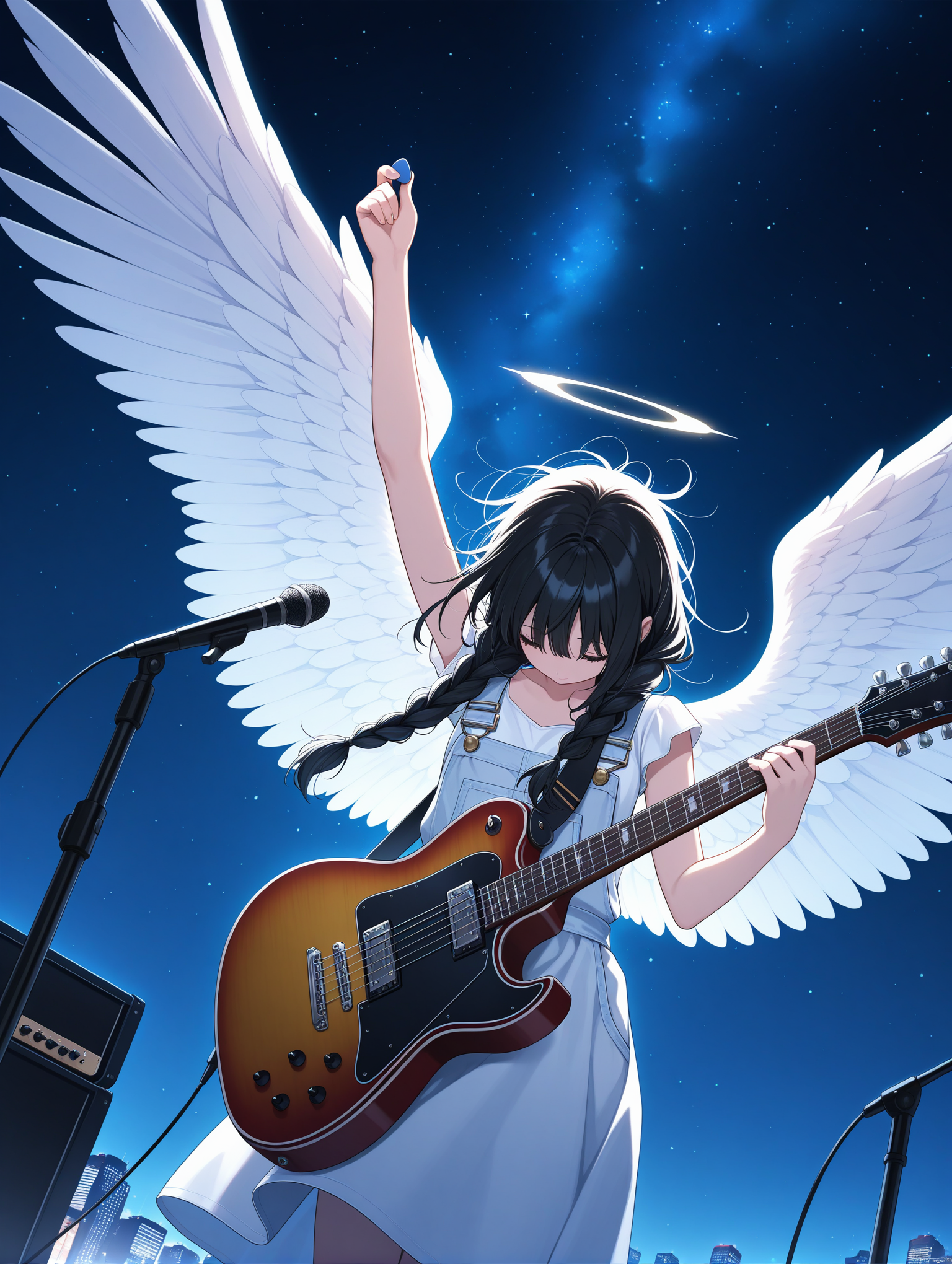 1girl, solo, long hair, black hair, dress, holding, braid, wings, sky, white dress, arm up, night, star \(sky\), feathered wings, instrument, microphone, starry sky, angel wings, white wings, music, angel, guitar, holding instrument, electric guitar, facing down, holding plectrum, Messy hair, crazy hair, Low Angle,Dutch Angle, The overall scene should have a bright and colorful atmosphere, with the main tone being light blue. City Lights Lighting, 
,masterpiece,best quality,amazing quality,