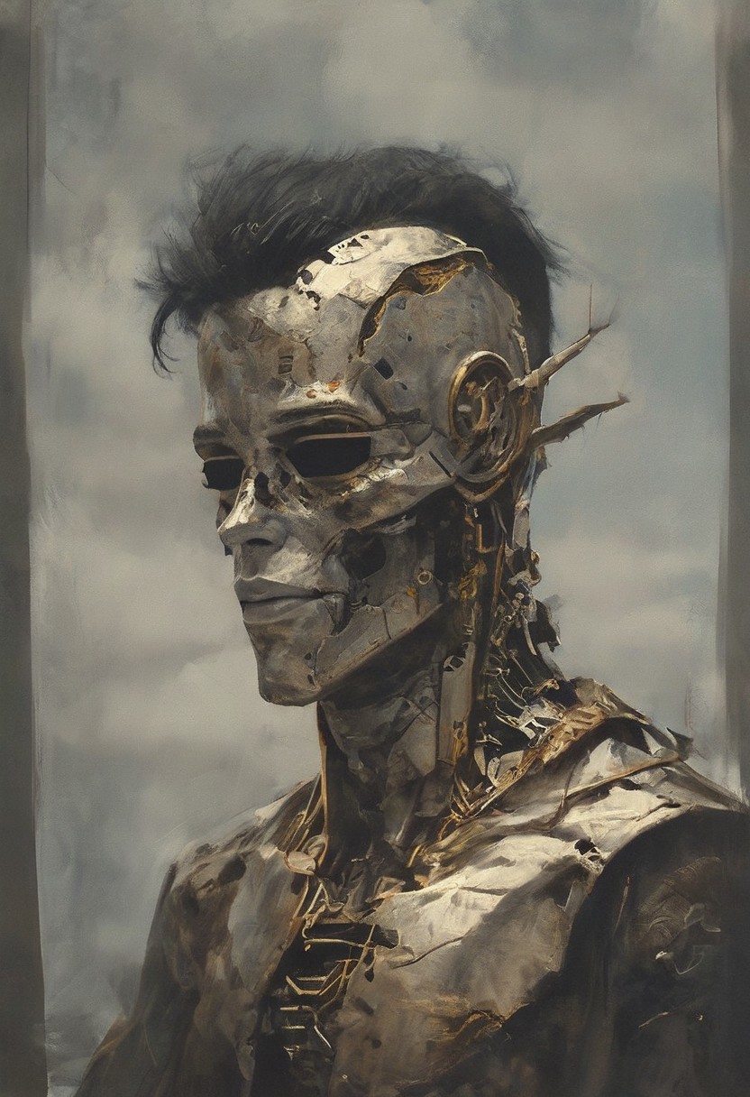 in the style of michael-vincent-manaloa painting of a cyborg micheal jackson like male, symmetrical frontal image, strong build, square head, strong jaws, thick sideburns, sunglasses, Jamie Hewlett, John Berkey, John Harris, high contrast, twilight, open space,