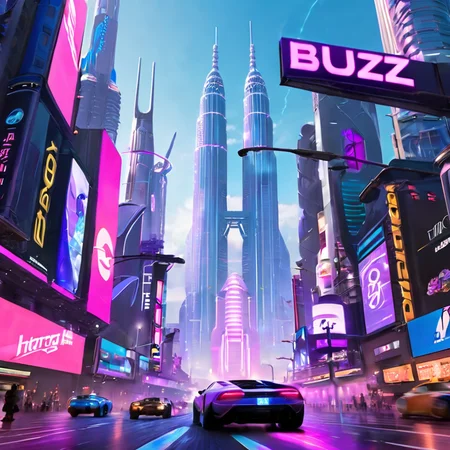 A futuristic cyberpunk cityscape filled with towering neon skyscrapers, glowing in hues of blue, purple, and pink. In the foreground, two sleek humanoid androids hold up a glowing, holographic sign that reads 'Buzz Beg' in bold, futuristic font. The scene is bustling with flying cars and digital advertisements flashing in the background. The reflective streets below mirror the vibrant colors and lights, creating a sleek, tech-filled atmosphere with a sense of urgency and action.