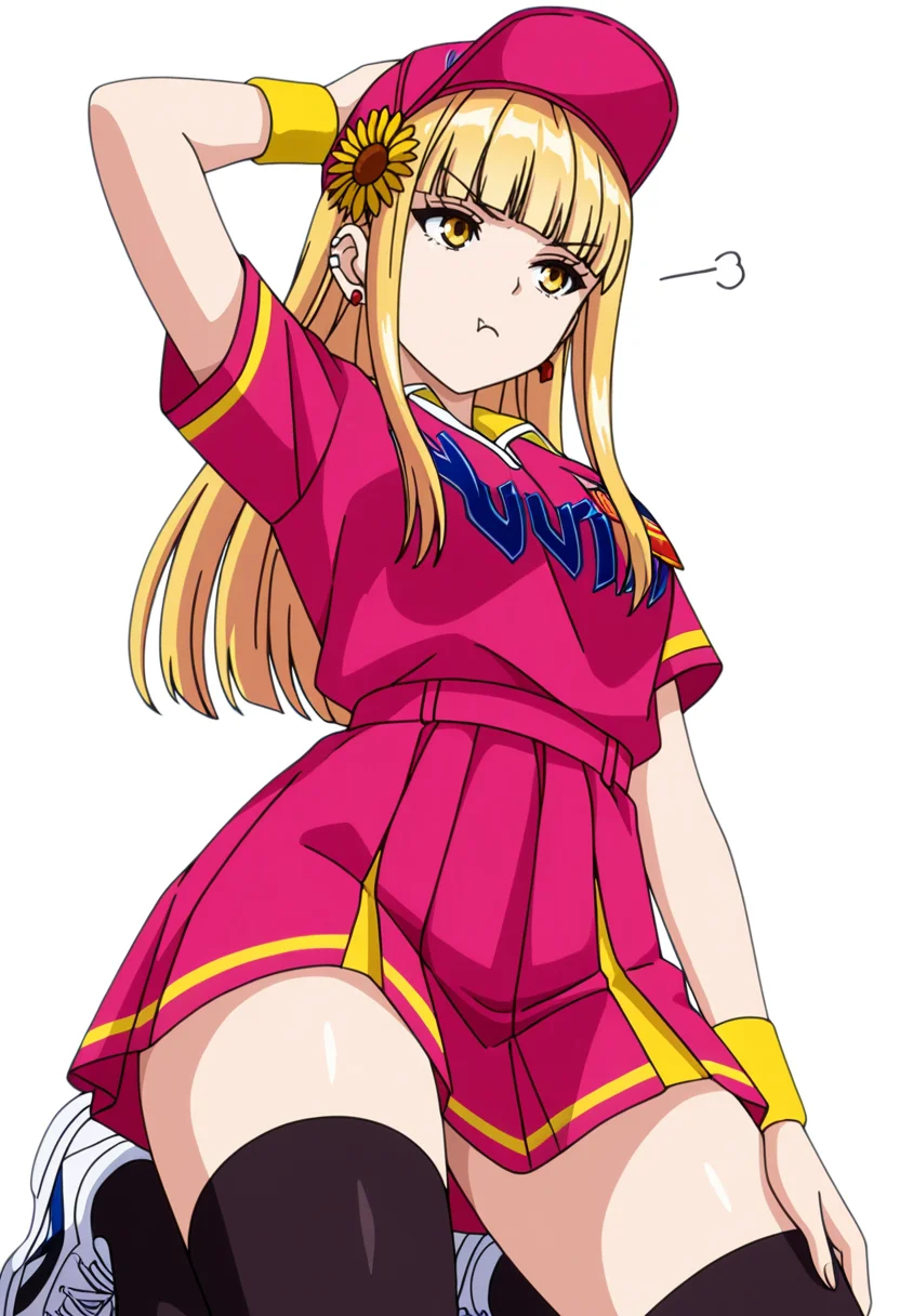 masterpiece,high quality details, absurdres,
<lora:Ruriko:0.8>
ruriko_cnr,1girl, blonde hair, long hair,blunt bangs, yellow eyes, fang, ear piercing,earrings,
ruriko_s1, uniform_cnr,baseball cap,pink shirt, black thighhighs,pink skirt,white sneakers, wristband, sunflower hair ornament,, simple background, white background, from below,solo,, frustrated,pout,, one arm supporting head,body arched backward,kneeling with thighs apart,