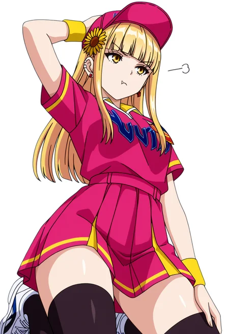 masterpiece,high quality details, absurdres,
<lora:Ruriko:0.8>
ruriko_cnr,1girl, blonde hair, long hair,blunt bangs, yellow eyes, fang, ear piercing,earrings,
ruriko_s1, uniform_cnr,baseball cap,pink shirt, black thighhighs,pink skirt,white sneakers, wristband, sunflower hair ornament,, simple background, white background, from below,solo,, frustrated,pout,, one arm supporting head,body arched backward,kneeling with thighs apart,