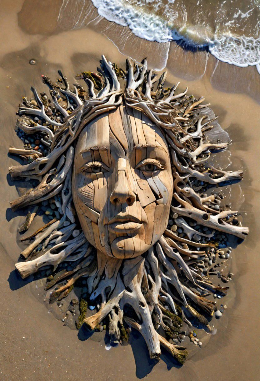 (drift wood washes up on the shore, all the tiny parts of drift wood form together to create a perfect womans face on the shore), abstract, 3d render, strong, insanely intricate details, (masterpiece), breathtaking natures art work