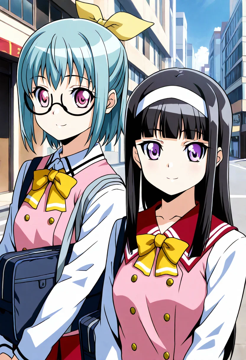 masterpiece, best quality, 2girl, eyelashes, (beautiful eyes), zzSuzu, pink eyes, aqua hair, short hair, semi-rimless glasses, zzMidori, purple eyes, black hair, long hair, white hairband, pink vest, long sleeves, long hair, looking at viewer, smile, short hair, bangs, multiple girls, black hair, bow, ribbon, 2girls, school uniform, purple eyes, white shirt, air ribbon, upper body, ponytail, hair bow, sidelocks, hairband, outdoors, sky, glasses, serafuku, day, blunt bangs, bowtie, pink eyes, bag, aqua hair, building, yellow bow, school bag, road, street, ,<lora:SuzuMidori_KanojoX3_IXL_v1:1.0>,