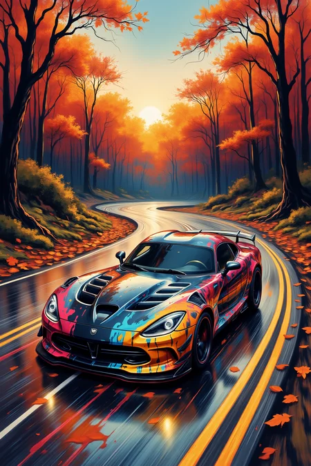 Hyperrealistic illustration of a high-performance car speeding along a colorful road, featuring a striking custom paint job with splashes of vibrant colors, surrounded by intense autumn hues, dynamic motion blur, and a glossy finish reflecting the surrounding landscape.
