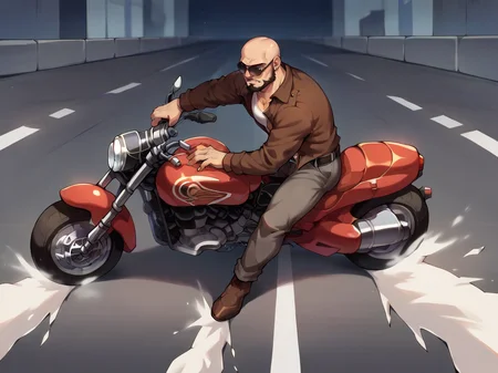 score_9, score_8_up, score_7_up, score_6_up, score_5_up, <lora:AkiraslideXLP2:0.6> akira slide, motor vehicle, ground vehicle, male focus, solo, motorcycle, pants, sunglasses, bald, facial hair, motorcycle, 1boy