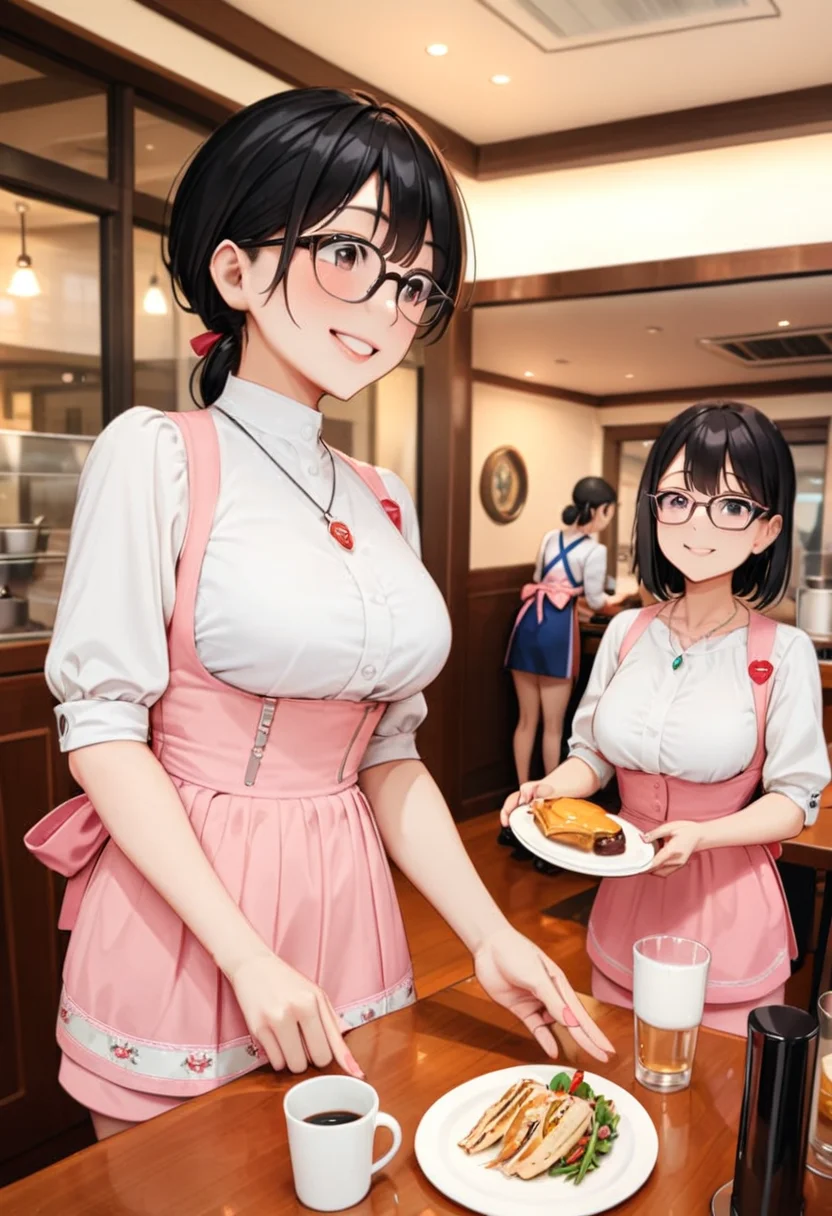 masterpiece, best quality, very aesthetic, absurdres,
AMTS, AMSC, unifrom, waitress, 1girl, glasses, jewelry, necklace, black hair, smile, pink skirt, pink apron,
indoors, cup, plate, multiple girls, table,
<lora:AMSC_SDXL_V3:0.6>