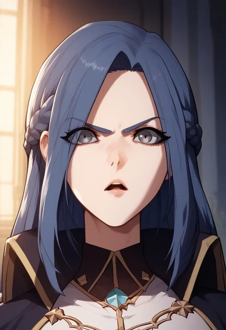 zPDXL2, score_9_up, score_8_up, score_7_up, (Anime_source), high detail face, best quality, absurd res, 1girl, AliceVert, grey eyes, dark blue hair, long hair, braid, Alice uniform, looking at viewer, cowboy shot, upper body, chestnut mouth