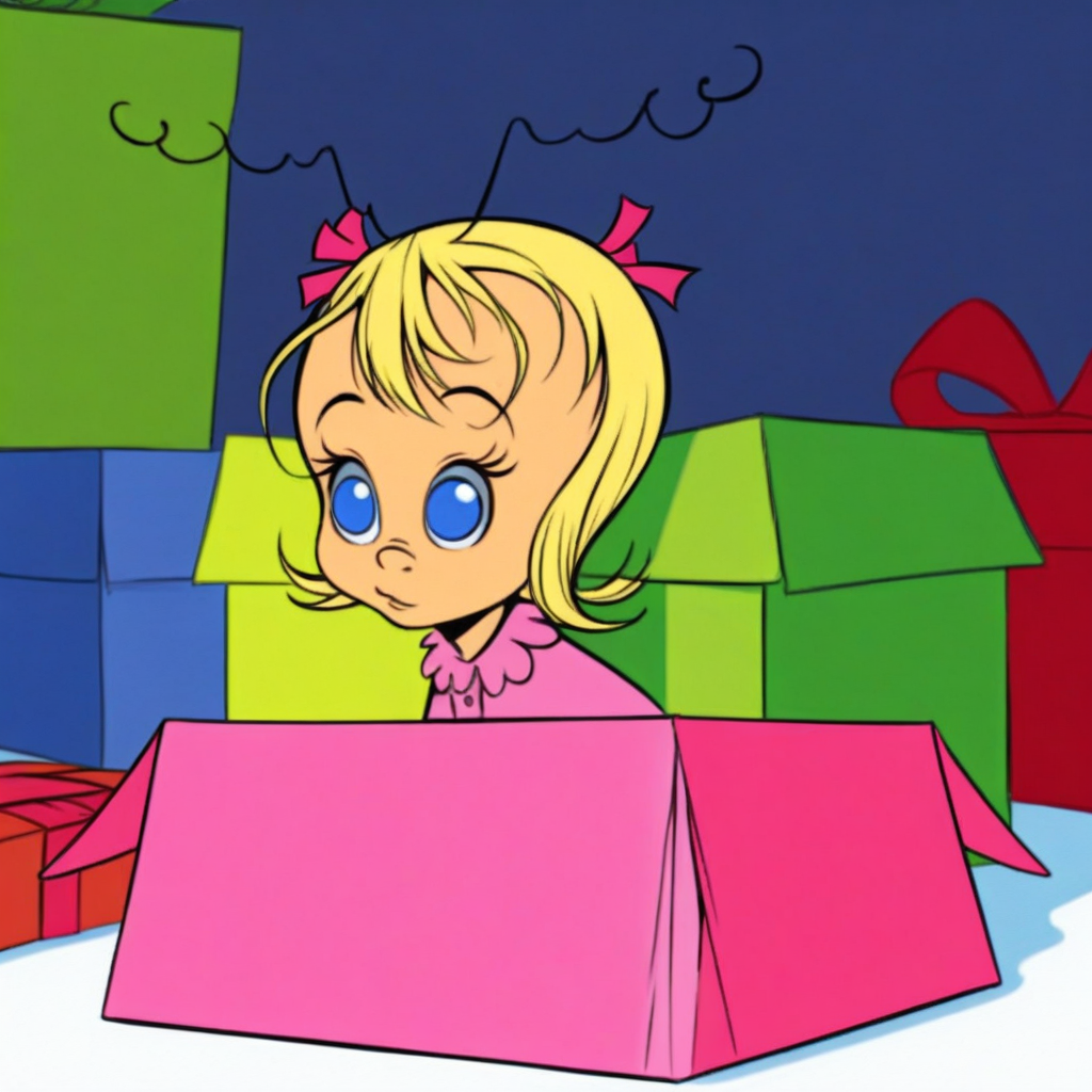 score_9, solo, cindy_lw, blonde hair, blue eyes, antennae, hair ribbon, adorable, present box