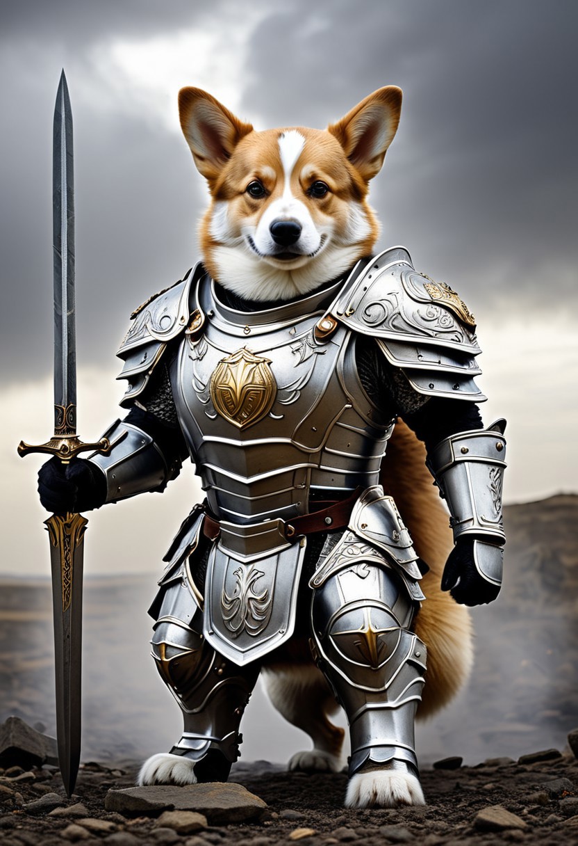 A photorealistic shot of a valiant humanoid corgi, clad in ornate, heavy-plated armor, stands resolute at the front lines of a war-torn battlefield. His fluffy fur peeks through the polished gaps in his armor, a stark contrast to the hardened steel that encases his small but mighty frame. His armor, intricately crafted with golden engravings and divine sigils, resembles the regalia worn by legendary paladins in ancient fantasy tales. The weight of the metal does little to hinder his unwavering determination as he stands firm, his ears perked, his glistening eyes filled with courage. With a majestic flourish, he raises his radiant sword, its blade pulsing with an aura of holy light, casting an ethereal glow upon the battered earth below. The runes etched into the steel shimmer like the embers of dawn, a beacon of hope and righteousness amidst the gloom of war. Behind him, his loyal warriors stand ready, their armor dulled by battle but their spirits alight with the fire of their leaderâs unyielding bravery. The battlefield stretches far into the horizon, shrouded in mist and the lingering scent of war, with broken weapons and tattered banners littering the ground. The sky is a dull gray, heavy with ominous clouds, yet the corgi's divine radiance pierces through the darkness, a shining symbol of defiance against the forces of despair.
