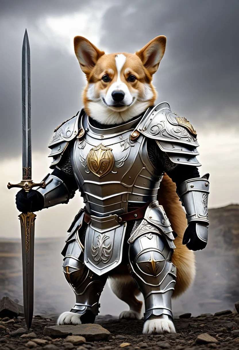 A photorealistic shot of a valiant humanoid corgi, clad in ornate, heavy-plated armor, stands resolute at the front lines of a war-torn battlefield. His fluffy fur peeks through the polished gaps in his armor, a stark contrast to the hardened steel that encases his small but mighty frame. His armor, intricately crafted with golden engravings and divine sigils, resembles the regalia worn by legendary paladins in ancient fantasy tales. The weight of the metal does little to hinder his unwavering determination as he stands firm, his ears perked, his glistening eyes filled with courage. With a majestic flourish, he raises his radiant sword, its blade pulsing with an aura of holy light, casting an ethereal glow upon the battered earth below. The runes etched into the steel shimmer like the embers of dawn, a beacon of hope and righteousness amidst the gloom of war. Behind him, his loyal warriors stand ready, their armor dulled by battle but their spirits alight with the fire of their leaderâs unyielding bravery. The battlefield stretches far into the horizon, shrouded in mist and the lingering scent of war, with broken weapons and tattered banners littering the ground. The sky is a dull gray, heavy with ominous clouds, yet the corgi's divine radiance pierces through the darkness, a shining symbol of defiance against the forces of despair.