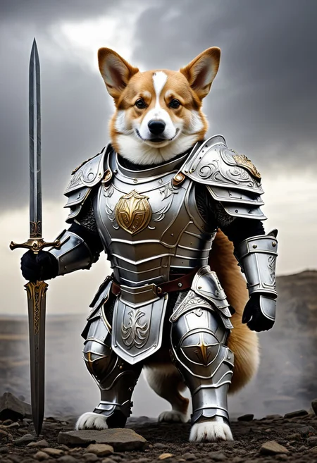 A photorealistic shot of a valiant humanoid corgi, clad in ornate, heavy-plated armor, stands resolute at the front lines of a war-torn battlefield. His fluffy fur peeks through the polished gaps in his armor, a stark contrast to the hardened steel that encases his small but mighty frame. His armor, intricately crafted with golden engravings and divine sigils, resembles the regalia worn by legendary paladins in ancient fantasy tales. The weight of the metal does little to hinder his unwavering determination as he stands firm, his ears perked, his glistening eyes filled with courage. With a majestic flourish, he raises his radiant sword, its blade pulsing with an aura of holy light, casting an ethereal glow upon the battered earth below. The runes etched into the steel shimmer like the embers of dawn, a beacon of hope and righteousness amidst the gloom of war. Behind him, his loyal warriors stand ready, their armor dulled by battle but their spirits alight with the fire of their leaderâs unyielding bravery. The battlefield stretches far into the horizon, shrouded in mist and the lingering scent of war, with broken weapons and tattered banners littering the ground. The sky is a dull gray, heavy with ominous clouds, yet the corgi's divine radiance pierces through the darkness, a shining symbol of defiance against the forces of despair.