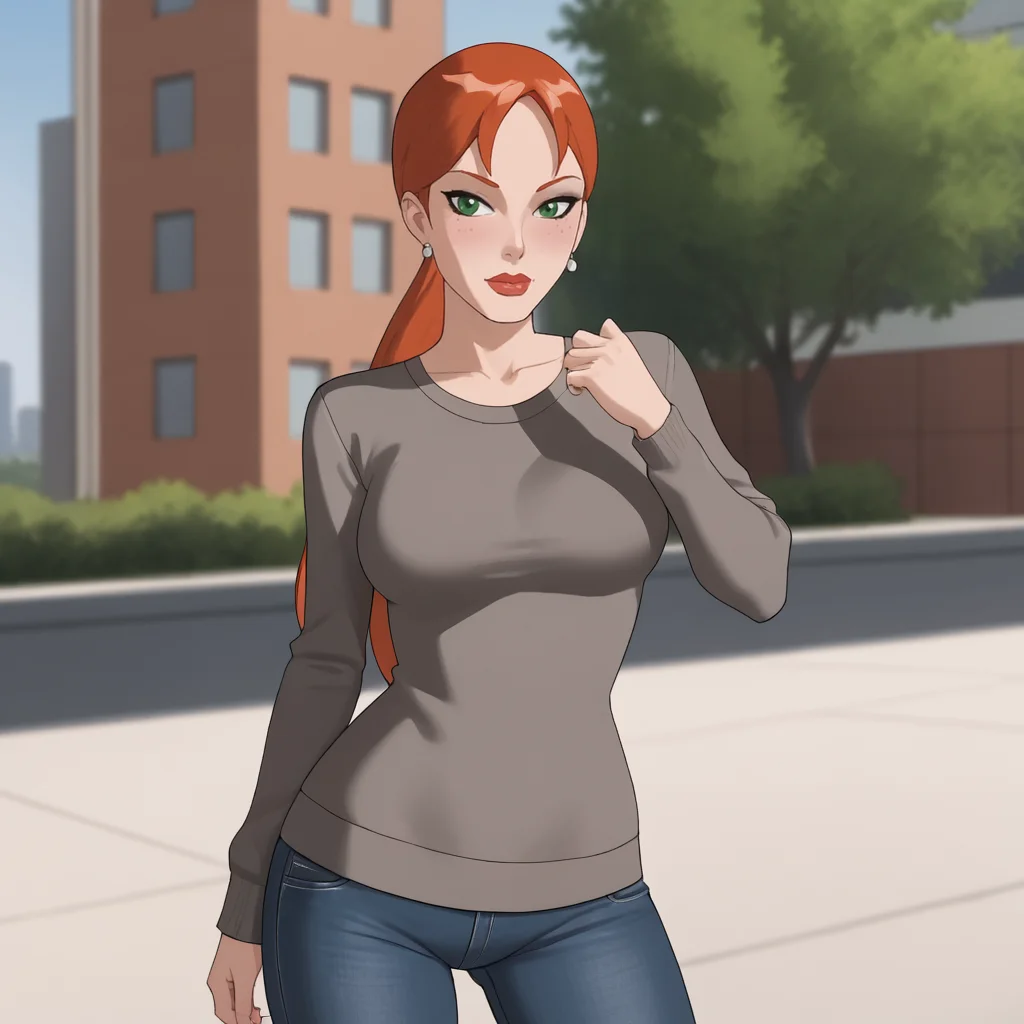<lora:pepperpottsemh_pony_v1:.7> pepperpottemh, 1girl, green eyes, lipstick, ponytail, red hair, earrings, jewelry, makeup, long hair, sweater, jeans