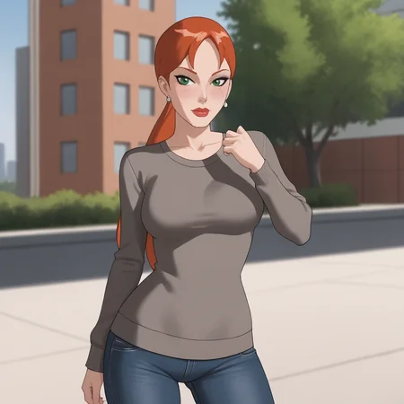 <lora:pepperpottsemh_pony_v1:.7> pepperpottemh, 1girl, green eyes, lipstick, ponytail, red hair, earrings, jewelry, makeup, long hair, sweater, jeans