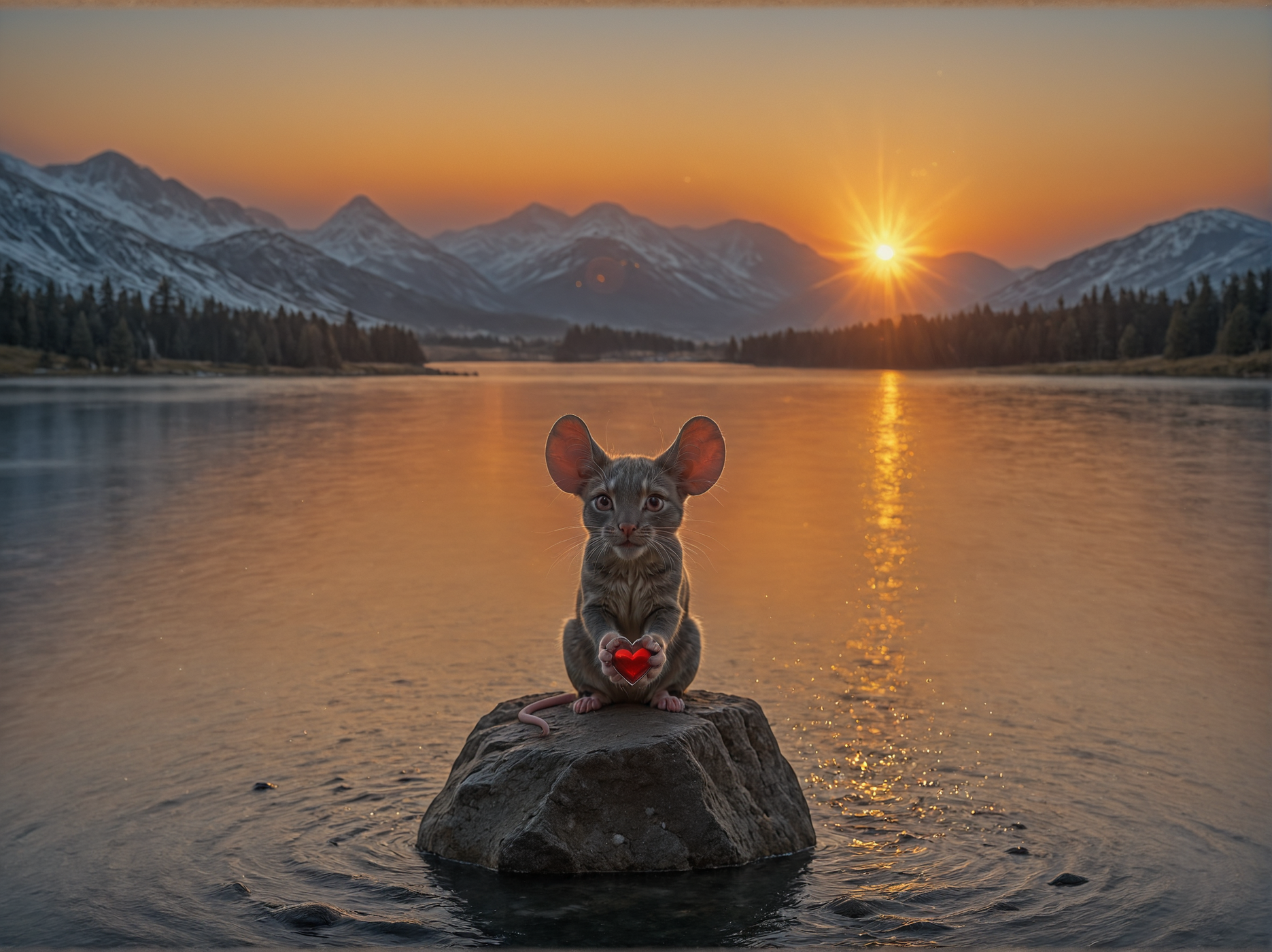 solo, holding, sitting, tail, heart, outdoors, sky, water, tree, no_humans, animal, scenery, nature, sunset, rock, mountain, mouse_ears, realistic, sun, animal_focus, mouse_tail, mouse, river, whiskers, gradient_sky, 2020, sunrise, pine_tree, 2008.
 The image shows a statue of a cat holding a heart-shaped object in its paws. The cat is positioned on a rock, and the heart-shaped object is held in its paws. The statue is located in a snowy landscape with mountains in the background. The image is captured at sunset, giving the scene a warm and peaceful atmosphere. perfect hands, wetness, perfect eyes, realistic liquids, rating_explicit, detailed face, five fingers, full_body wide_shot, realistic natural skin texture, masterpiece, source_photo, (incredibly lifelike:1.15),photorealistic, best quality, 32k textures, anatomically correct body, pigment variations, expressiveh, lens flares
, detailed fingers, light reflections, caustics, score_8_up, score_9, (very awa:1.1), bokeh