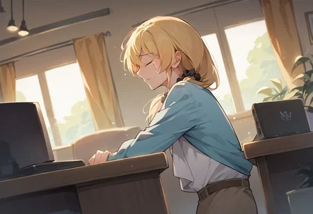 score_9, score_8_up, score_7_up, source_anime,
ellen baker, blonde hair, closed eyes, long hair, ponytail, scrunchie, mature female,
casual,
indoors, living room, desk, computer, crying,
from side, cowboy shot, dutch angle,