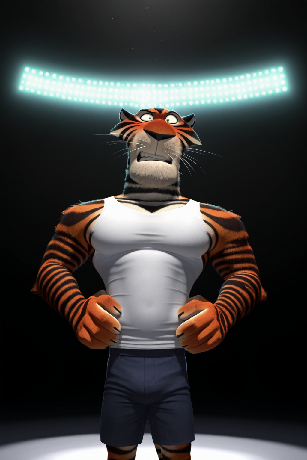 masterpiece, best quality, high quality, photorealism, anthro, furry, tiger, vitaly_madagascar, muscular build, bara, broad shoulders, front view, medium angle, flustered, hands on hips, white tank top, shorts, clean background, no background, studio lighting, soft shadows, high detail fur texture<lora:Vitaly_Illustrious:1> <lora:waiNSFWIllustrious_v110:1>