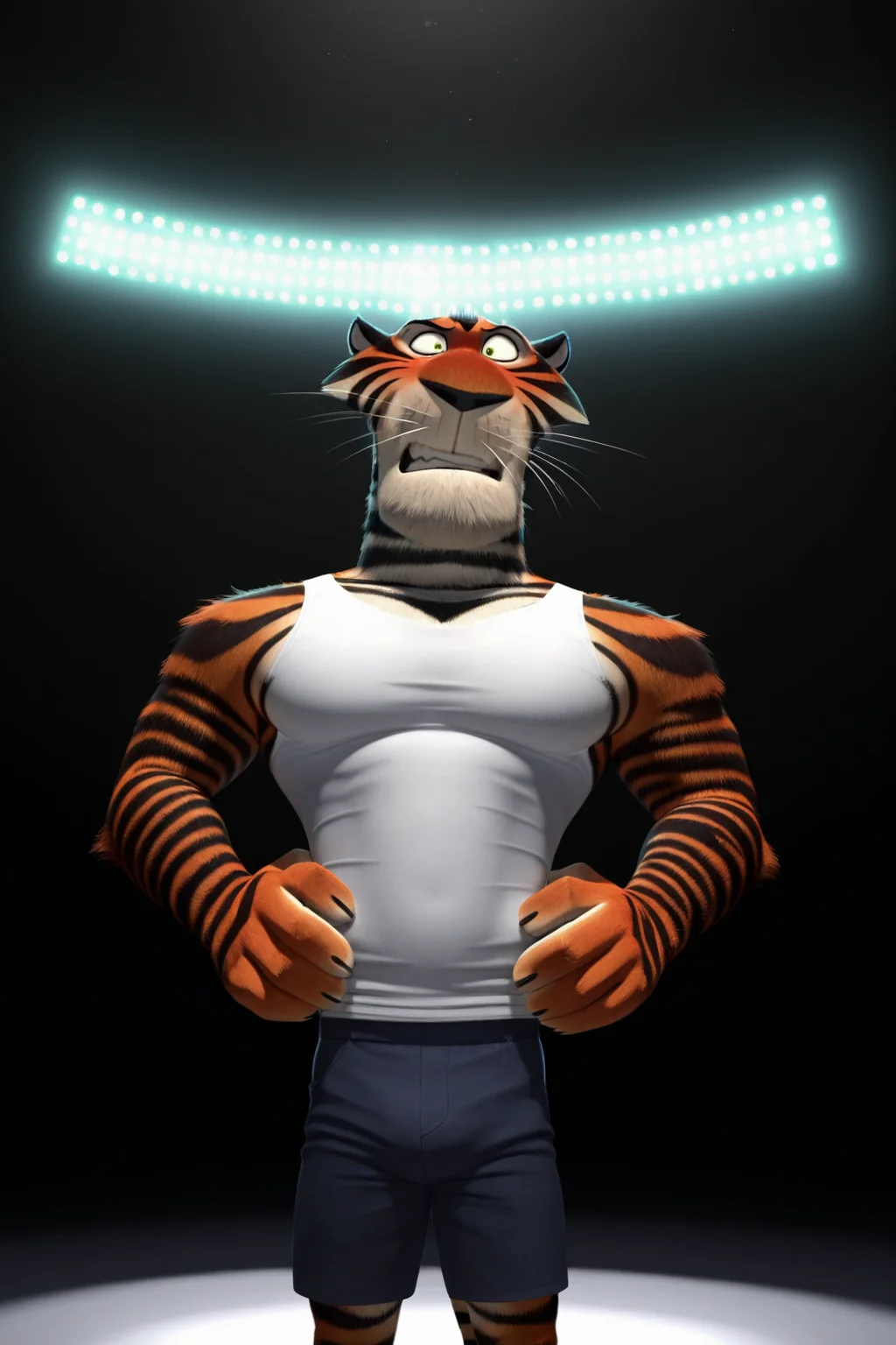 masterpiece, best quality, high quality, photorealism, anthro, furry, tiger, vitaly_madagascar, muscular build, bara, broad shoulders, front view, medium angle, flustered, hands on hips, white tank top, shorts, clean background, no background, studio lighting, soft shadows, high detail fur texture<lora:Vitaly_Illustrious:1> <lora:waiNSFWIllustrious_v110:1>