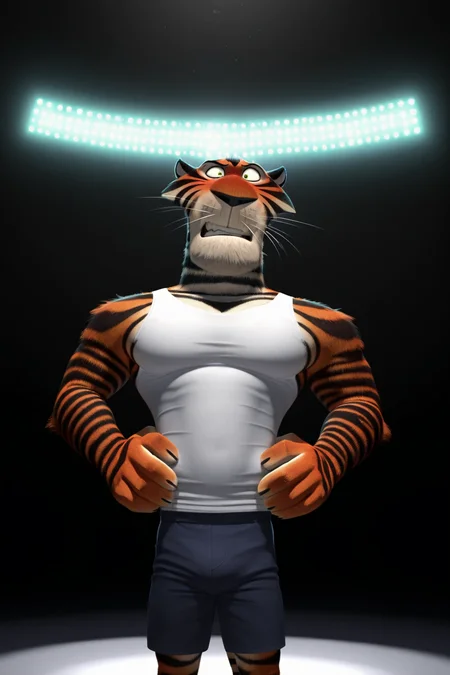 masterpiece, best quality, high quality, photorealism, anthro, furry, tiger, vitaly_madagascar, muscular build, bara, broad shoulders, front view, medium angle, flustered, hands on hips, white tank top, shorts, clean background, no background, studio lighting, soft shadows, high detail fur texture<lora:Vitaly_Illustrious:1> <lora:waiNSFWIllustrious_v110:1>