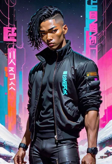 1boy, katana, muscular, masculine, Text:  Snow Crash , Sci-fi painting, masterpiece by Roberto ferri, dark vaporwave color palette, artful painting of a gorgeous queer cyberpunk boy, masculine, Asian and Black features, short dreads, sleek black fitted t-shirt, black techwear jacket, black techwear pants, with a futuristic computer terminal made of smooth black glass hanging from a shoulder strap