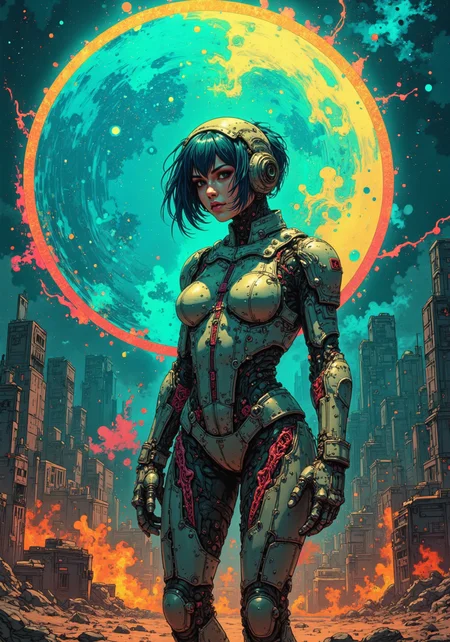 science fiction horror, a genetically modified human with telepathic abilities, a post-apocalyptic world where the only hope is technology, the art style features highly intricate linework with a focus on mechanical details and futuristic elements, blending human and robotic components seamlessly. The color palette emphasizes bold, contrasting tones like neon blues, yellows, and reds against softer backgrounds, creating a dynamic and vibrant aesthetic. Characters are depicted with a mix of realism and stylized anime features, often showcasing high-tech armor, cybernetic enhancements, and expressive poses. The overall style evokes a gritty yet polished sci-fi world, balancing technological sophistication with artistic flair.<lora:cheats.safetensors:1.0:1.0>