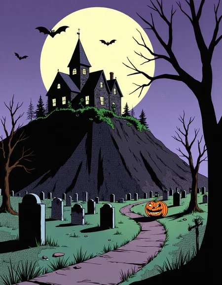 Cartoon_Style_Final, This image is a digital drawing in a style reminiscent of classic American comic books from the mid-20th century. The focus is on a spooky, dilapidated mansion sitting atop a hill, silhouetted against a massive full moon. The house is dark, with broken windows and overgrown vines creeping up its sides. In the foreground, a winding path leads through a misty graveyard, with crooked tombstones and skeletal trees casting long, eerie shadows. A single jack-o’-lantern with a sinister grin glows dimly at the base of the hill. The sky is a deep purple, and bats fly across the moonlit sky. The style features bold outlines and flat, contrasting colors, emphasizing the haunted, creepy atmosphere of Halloween night.