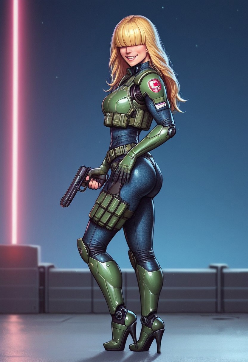 1girl, ((side view))), looking at viewer, highly detailed, from front, 1girl, skinny, looking at viewer, masterpiece, best quality,
raw, extremely detailed, hyperrealism, photo, perfect anatomy, <lora:grewishka_alita_pxl:1> source_photo, source_real, robot, cyborg, android, solo, looking at viewer, 1girl, full body, ((special force camo armor)), high heels, neon_lights, dynamic pose, pistols in hands
BREAK
fang smile, looking at viewer, long hair, ((blonde highlighting hair)), (((hair over eyes, front bangs))), long hair, dynamic pose
best quality, depth of field, bokeh, (((full clothed))), ((special force camo armor)),
BREAK
((((big futuristic gun in hands)))), (big futuristic pistol in hands:1.3), sc-fi soldier, dynamic pose, military camo armor
(((((rooftop, night city, neon lights))))) score_9, score_8_up, score_7_up, score_6_up, source_cartoon, rating_explicit, Expressiveh, (((((full body))))), dynamic pose