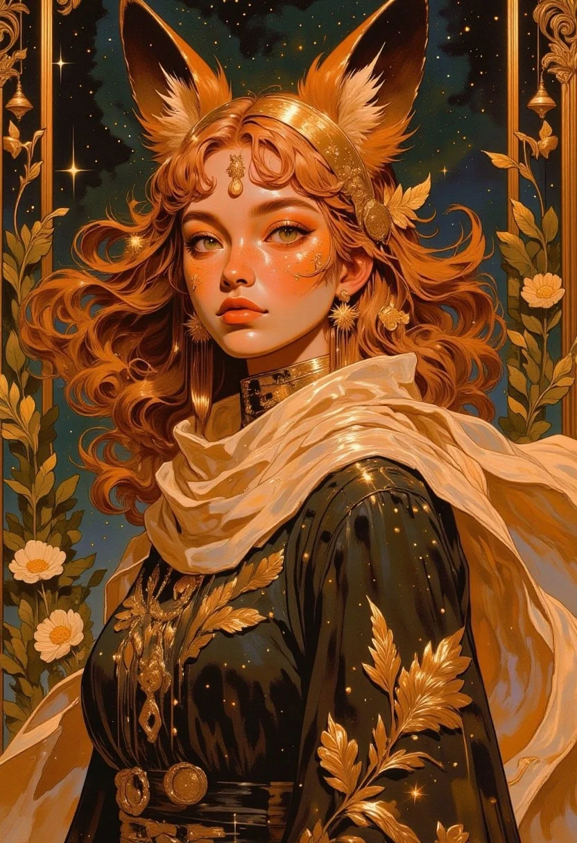The fox gypsey looks coyly out from under her scarf, as warm, golden light spills around her, in her magical room, evoking the nostalgic, narrative style of Norman Rockwell, with the added dynamism of Syd Mead's industrial futurism and the whimsical, dreamlike quality of Hayao Miyazaki's animated worlds, Comic book style