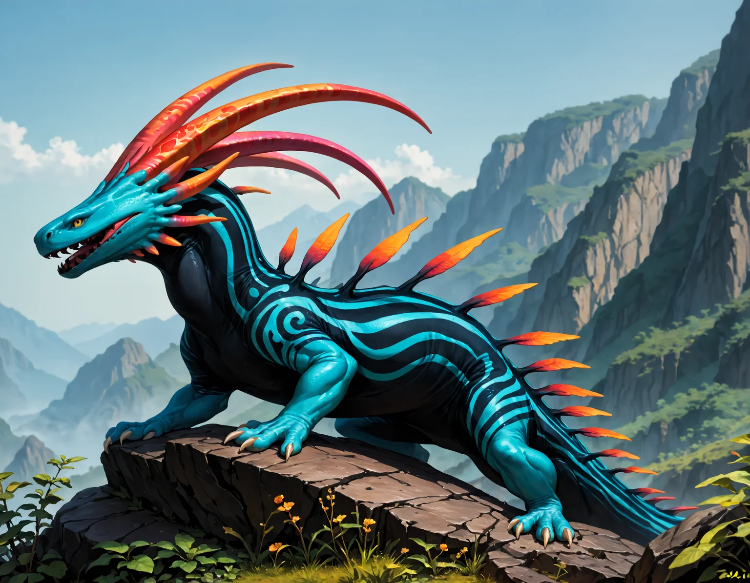score_9, score_8_up, score_7_up, score_6_up, source_cartoon, source_furry, no humans, portrait of <lora:RWLizards:1> rwlizard, [blue|red|yellow] skin, two tone skin, lizard, long horns, tail, [spikes], greens eyes, solo, front view, tattoos, glass, makeup, standing on rock, feral <lora:add-detail-xl:1> <lora:DetailMaximizer:1>, PonyXLV6_Scores, zPDXL3, detailed, masterpiece, hi res, high quality, best quality, anatomically correct