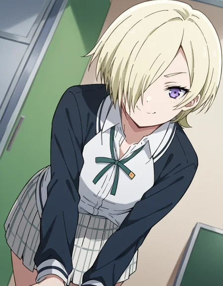 score_9, score_8_up, score_7_up, source_anime, <lora:mia-taylor-s2-ponyxl-lora-nochekaiser:1>, mia taylor, short hair, blonde hair, purple eyes, hair over one eye,, skirt, shirt, ribbon, school uniform, collared shirt, plaid, black shirt, neck ribbon, plaid skirt, white skirt, jacket, checkered skirt, nijigasaki academy school uniform,, indoors, bent over, smile, smug, looking at viewer, solo,, cowboy shot, dutch angle