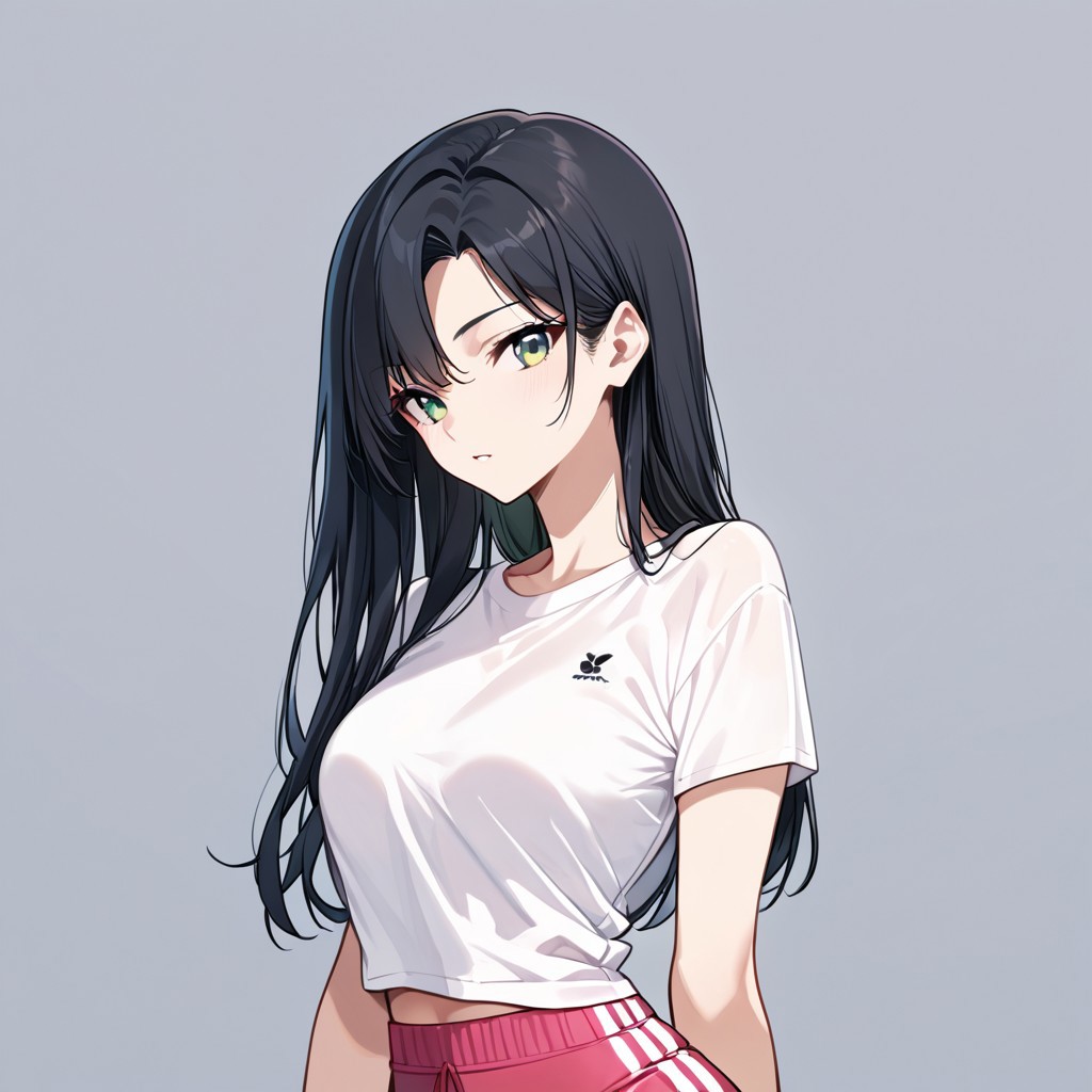 score_9, score_8_up, score_7_up, score_6_up, score_5_up, score_4_up,
t1ff4ny, green eyes, black hair, t-shirt, tight sport shorts, source_anime, ntm,
