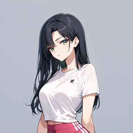 score_9, score_8_up, score_7_up, score_6_up, score_5_up, score_4_up,
t1ff4ny, green eyes, black hair, t-shirt, tight sport shorts, source_anime, ntm,