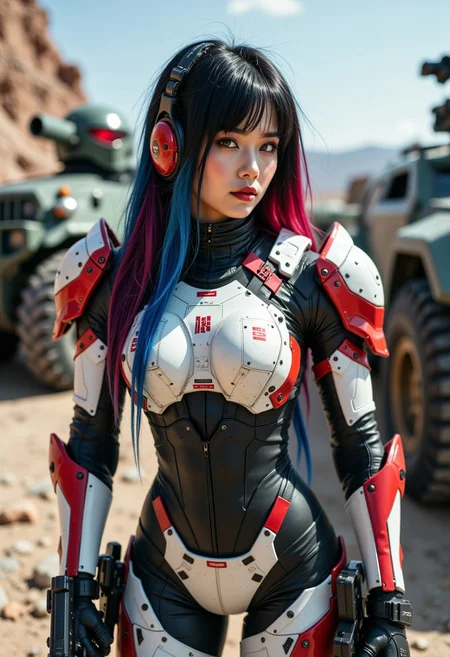 stunning female korean space marine, long multicoloured hair (dark with blue and red highlights), bangs, white and red body armour, assault pistols in holsters, standing next to an armoured assault vehicle on a rocky plain, cowboy shot, High Detail, Perfect Composition, dramatic ighting, high contrast