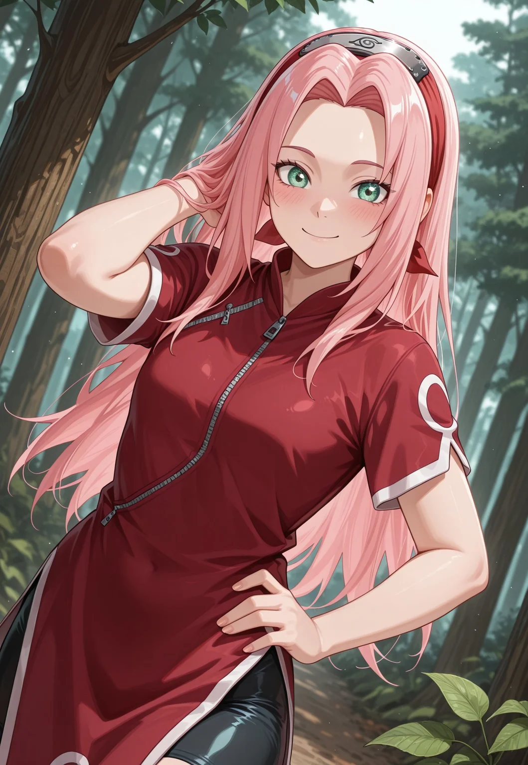 (1girl, focus on girl, haruno sakura, pink hair, red headband, very long hair, green eyes, red shirt, red qipao, zipper, short sleeves, bike shorts, cute face, happy, smiling, blush, playful pose, hand on hip, hand in hair, looking over shoulder, looking at viewer) light reflecting on skin, sparkly eyes, bright eyes, sunlight, shiney skin, forest, trees, dutch angle, leafs in the air, bright godrays, leaves in the air, detailed background, blurred background, foreshortening, side view, close-up, G0thicL1nes,