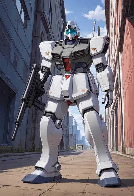 score_9, score_8_up, score_7_up, (blue gm, light blue gm, blue armor, standing, 1 mech, blue mech, mech focus, giant gm, sniper rifle, long rifle,) BREAK, source_anime, cowboy shot, front view, gm_cold_districts_type, BREAK, buildings