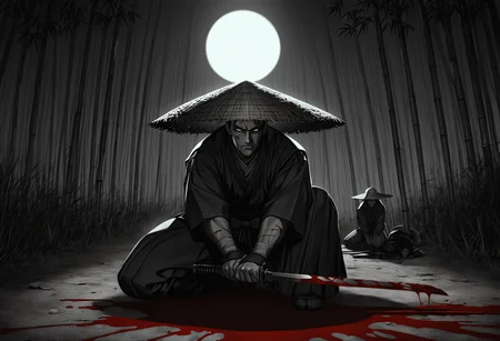 masterpiece, best quality, absurdres, graphite (medium), greyscale, chiaroscuro, 2boys, samurai, bamboo forest, fighting stance, holding sword, on one knee, v arms, (back-to-back:0.5), blood spray, blood splatter, blood on weapon, injury, cuts, bleeding, spot color, scar on face, serious, straw hat, hakama, moonlight, death, on stomach, lying, ninja