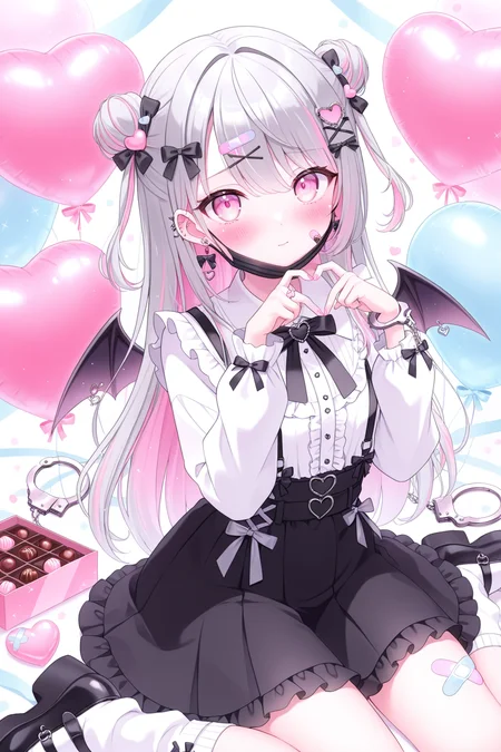 <lora:mersugar:1>, mersugar, 1girl, solo, heart hair ornament, hair ornament, heart, skirt, mask, handcuffs, shirt, wariza, wings, bandaid, heart balloon, long hair, white shirt, frills, long sleeves, heart hands, sitting, cuffs, pink hair, mouth mask, balloon, looking at viewer, hairclip, socks, suspender skirt, pink eyes, very long hair, bow, black skirt, food-themed hair ornament, ear piercing, blush, jewelry, frilled skirt, earrings, hair between eyes, collared shirt, hair bow, white socks, suspenders, closed mouth, multicolored hair, two side up, shoes, piercing, double bun, black bow, pink nails, grey hair, mask pull, box, food, demon wings, jirai kei, chocolate, heart earrings, black footwear, hair bun, center frills, x hair ornament, ribbon